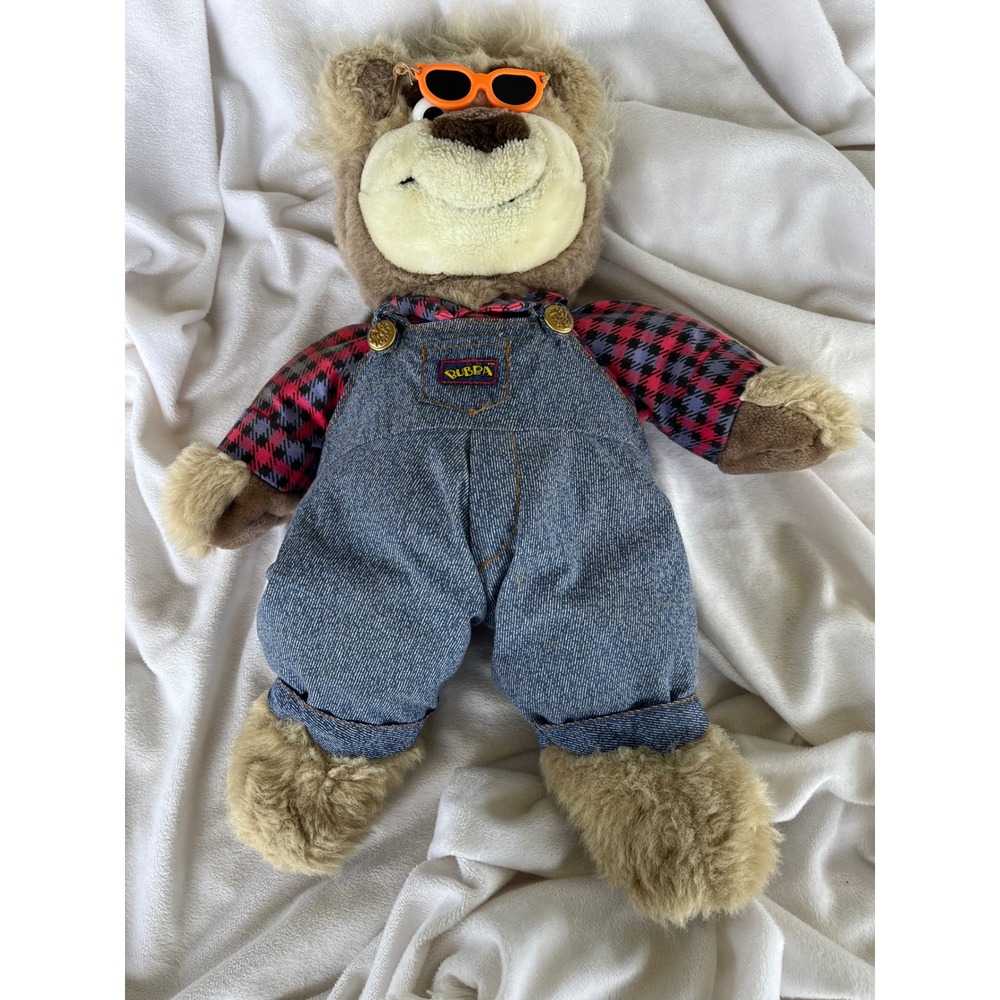 Vintage Bubba the Bear Plush Toy Denim Overalls Plaid Shirt Orange Sunglasses